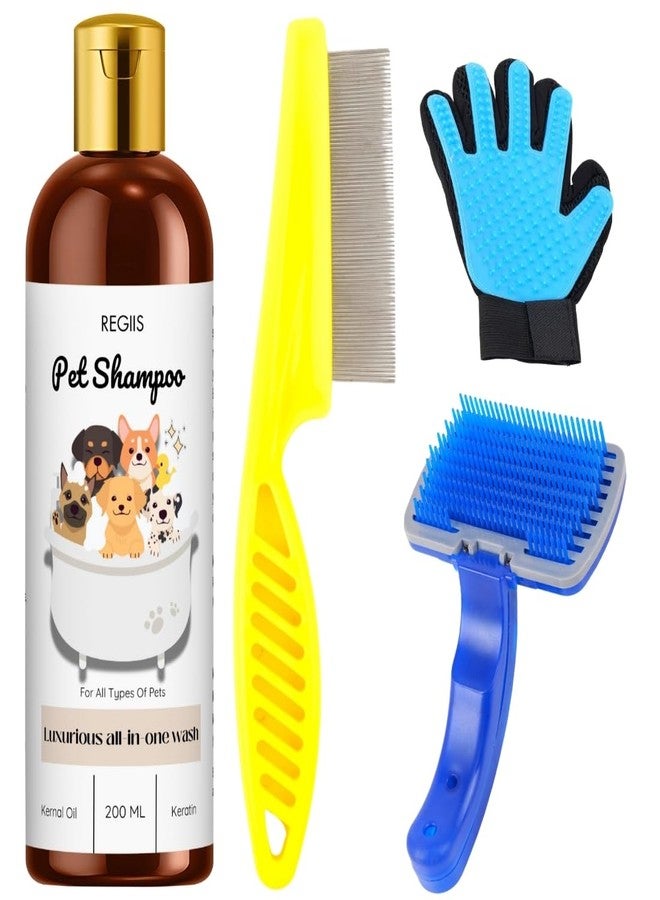 REGIIS Pet Grooming Kit, 4-Piece Set with Dog Shampoo 200ml, Flea Comb, Deshedding Glove, Self-Cleaning Slicker Brush for All Types of Pets - Image 1